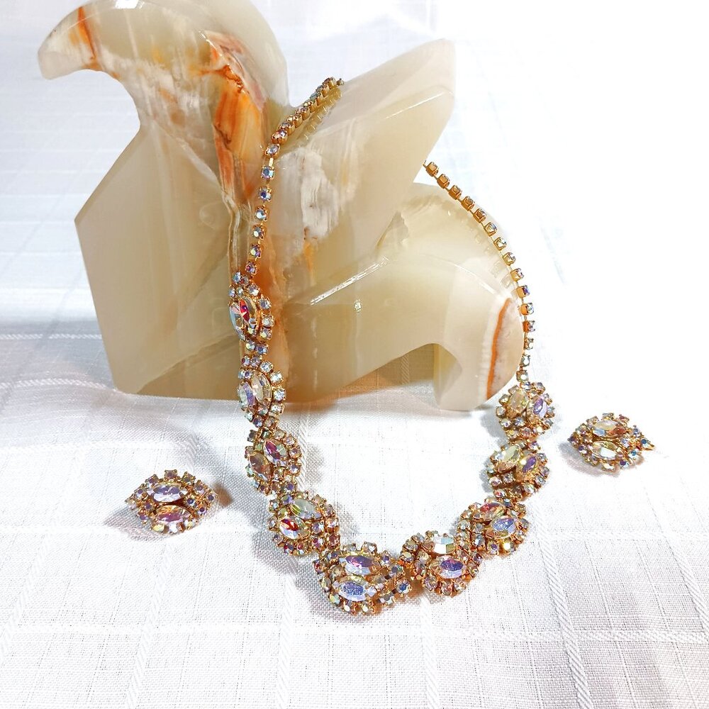 Vintage Gold-tone Aurora Borealis Rhinestone Necklace & Clip Earrings Set